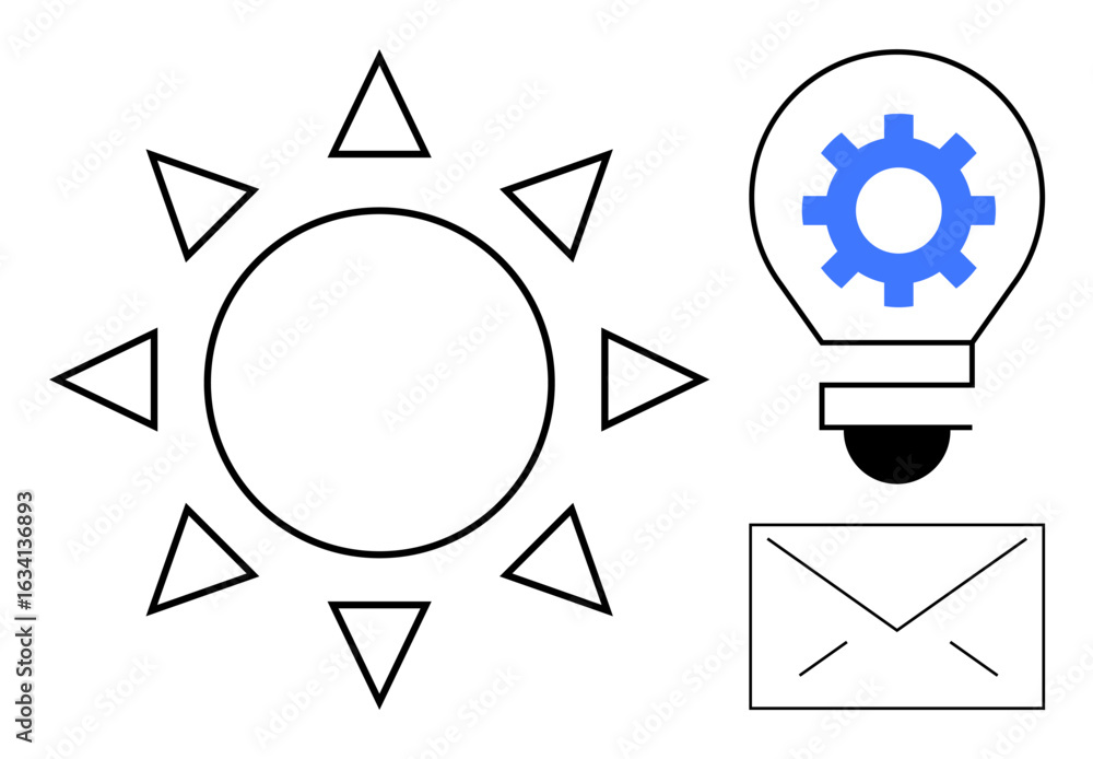 Poster sun with triangular rays, bulb with gear and envelope. ideal for creativity, innovation, brainstormi
