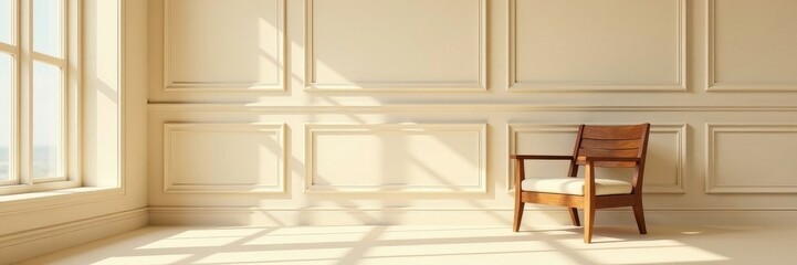 Beige room, wood chair, paneling Calm, minimalist interior , design, cream