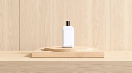 white bottle on round wood podium with natural light, skincare mockup scene