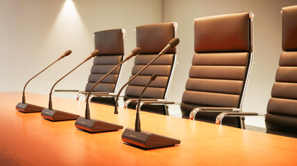 A professional conference room setup with three black gooseneck microphones mounted on a polished wooden desk