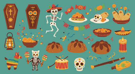 Festive food and fun icons flat vector set Day of the Dead theme