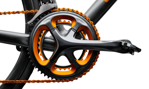 Close-up of a bicycle crankset with orange chain and dark gray frame