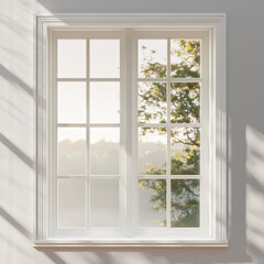 Fototapeta premium Sunlit White Window with Tree Reflections and Soft Shadows on Wall in Minimalist Interior Design 