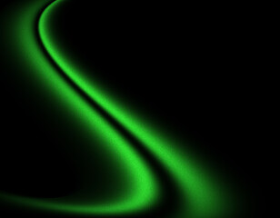 Futuristic dynamic poster with glowing green abstract shape, dark grainy black background, noise texture
