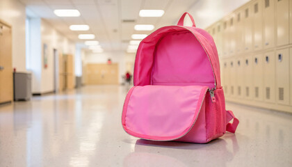 pink backpack open on hallway floor