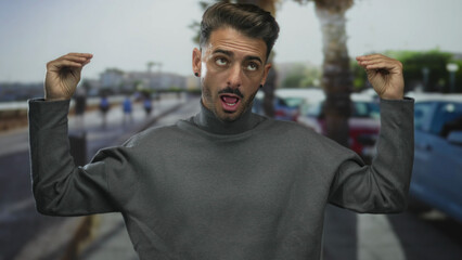 Young hispanic man wearing a grey turtleneck gestures with raised hands on street lined with palm...