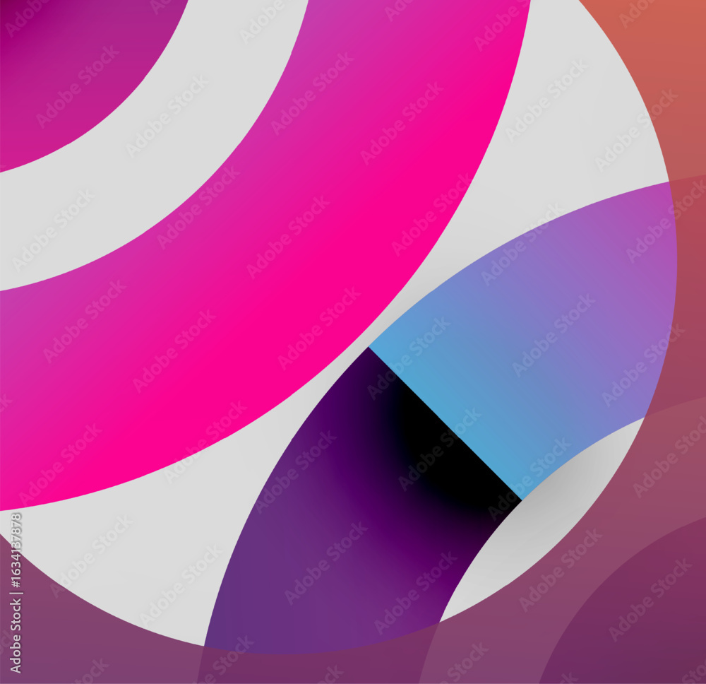 Poster abstract composition. overlapping curves create dynamic visual effect. vivid colors blend, forming m