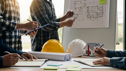 Architects/engineers collaborating over blueprints with hard hats and a house model