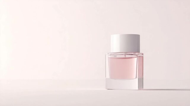 Empty, rectangular, clear glass perfume bottle with a light-pink liquid inside and a white cap
