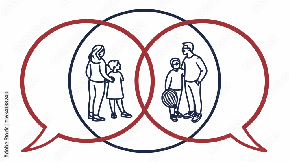 Poster illustration of two families in overlapping speech bubbles symbolizing communication and connection 