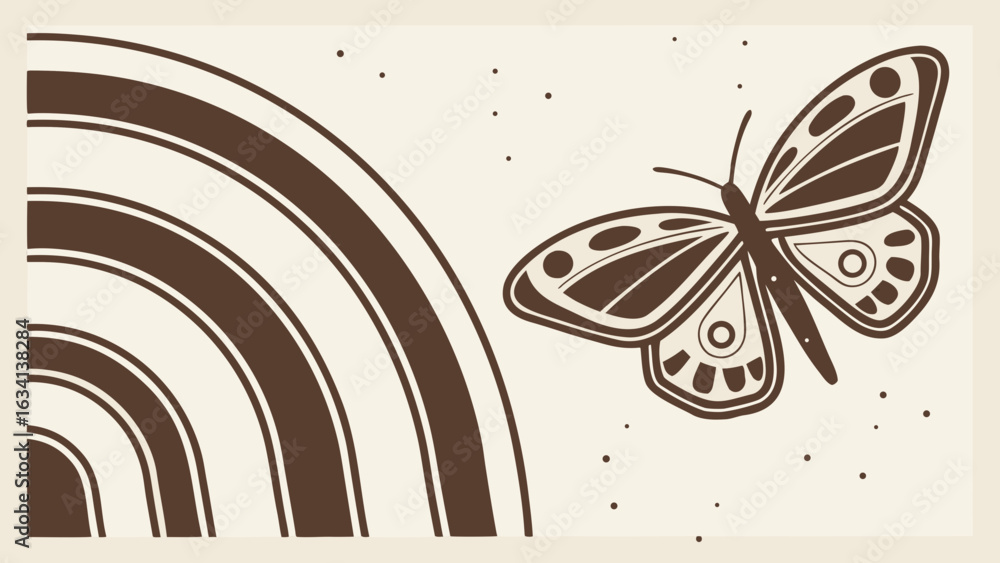 Poster illustration of a butterfly with a rainbow in the background on a light beige surface design created