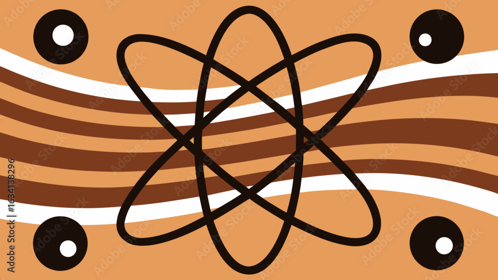 Poster abstract atom design with brown waves and circles against a light brown background art piece created