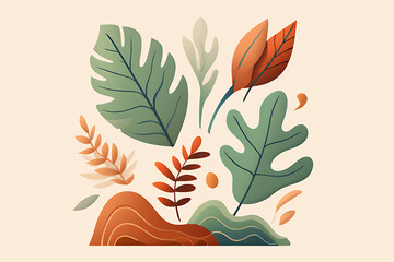 A modern botanical illustration featuring stylized green and orange leaves and abstract organic shapes on a beige background.
