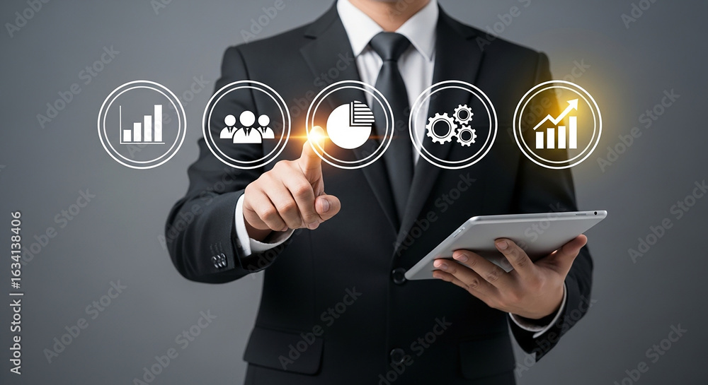 Poster business performance strategy, businessman using tablet and selecting digital icons for analytics te