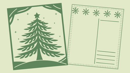 Illustration of a christmas tree card with a star and a postcard with flower decorations and lines created with generated ai