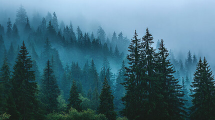 Obraz premium Misty Forest: A serene landscape featuring dense evergreen trees shrouded in thick fog, evoking a sense of mystery and tranquility.