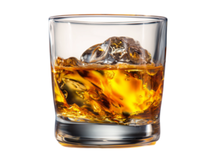 A close-up shot showcases a glass of amber-hued spirit, its rich color and textures complemented by clear ice cubes.
