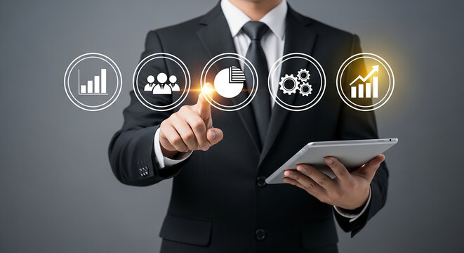business performance strategy, businessman using tablet and selecting digital icons for analytics team chart settings and growth representing planning success and corporate progress

