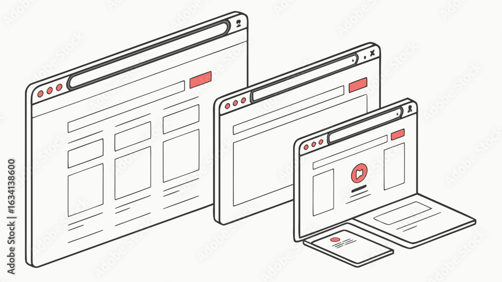 Poster isometric view of multiple web browser windows and devices with red accents and white backgrounds cr
