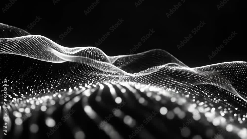Poster abstract monochrome network of white threads on a black background with bokeh