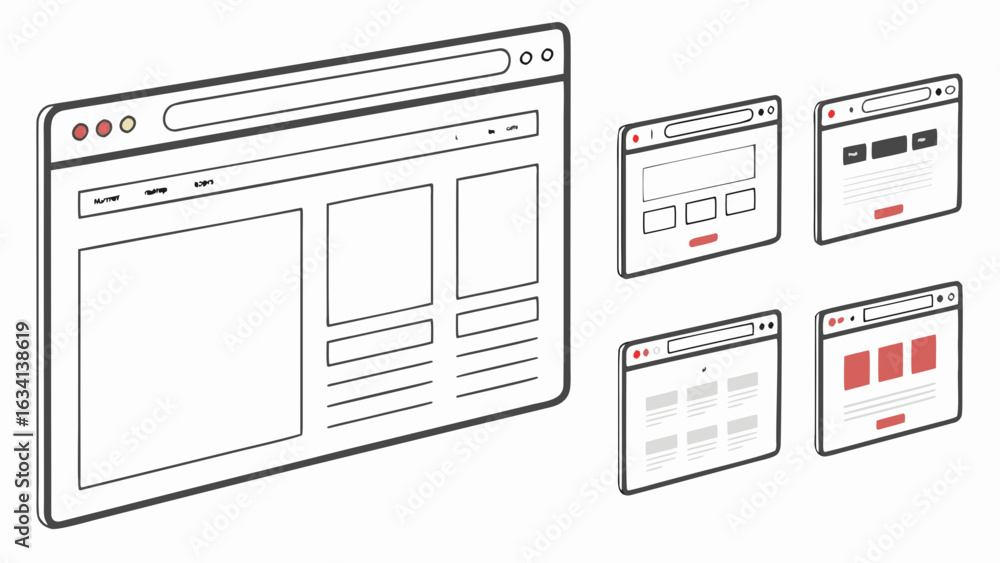 Poster illustration of multiple website wireframes with different layouts and designs shown in a clean pres