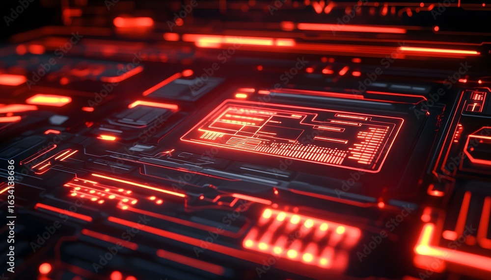 Poster a close-up view of a futuristic circuit board illuminated by red light, showcasing intricate pattern