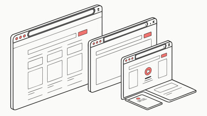 Isometric view of multiple web browser windows and devices with red accents and white backgrounds created with generated ai