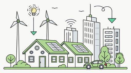Illustration of a sustainable city with wind turbines solar panels and electric car showcasing green energy created with generated ai