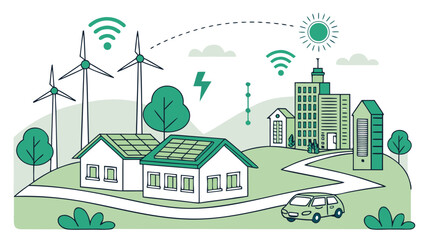 Illustration of a sustainable city with wind turbines, solar panels and electric car in green tones created with generated ai