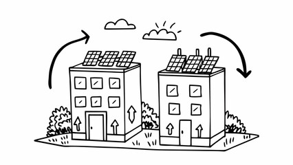 Two buildings with solar panels connected by arrows under clouds and sun illustration style created with generated ai