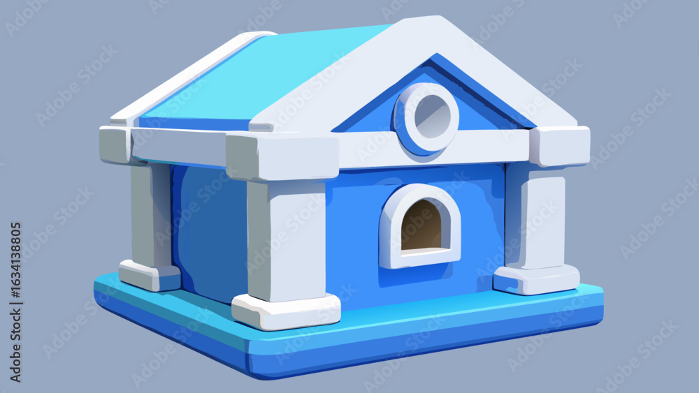Poster a stylized blue and white building with a small arched window and a circular detail on the facade cr