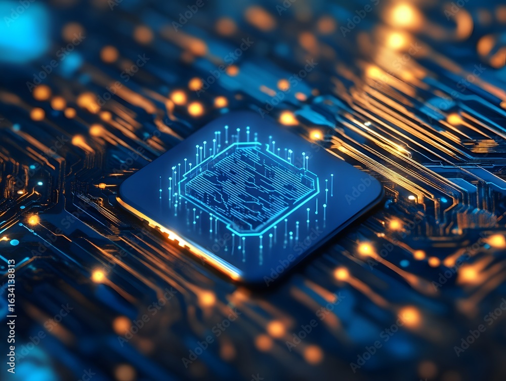 Poster a close-up view of a modern microchip on a circuit board, showcasing intricate details and glowing e