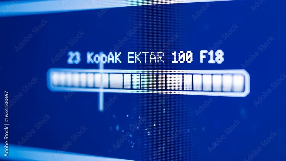 Aufkleber blue computer screen shows loading bar and white pixelated text, macro shot