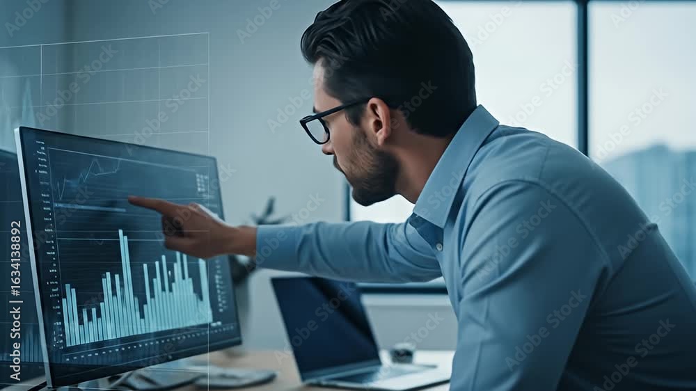 Poster man in glasses analyzing data on a computer screen, charts and graphs displayed