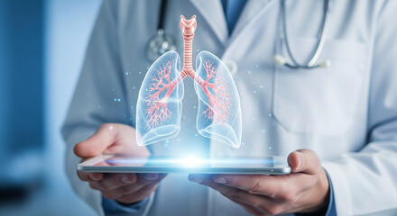 lung health technology, doctor using tablet with 3d holographic respiratory system showing lungs trachea and bronchi for medical diagnosis treatment and pulmonary care innovation

