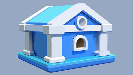 A stylized blue and white building with a small arched window and a circular detail on the facade created with generated ai