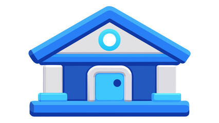 Illustration of a stylized blue and white building with a door and roof structure visible frontally created with generated ai