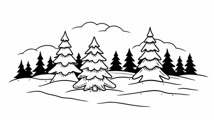 A monochrome illustration of a winter landscape with snow covered hills and evergreen trees in a forest created with generated ai