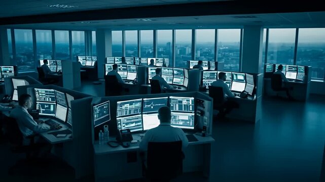 A high-tech office filled with rows of people working at computer screens, skyline visible