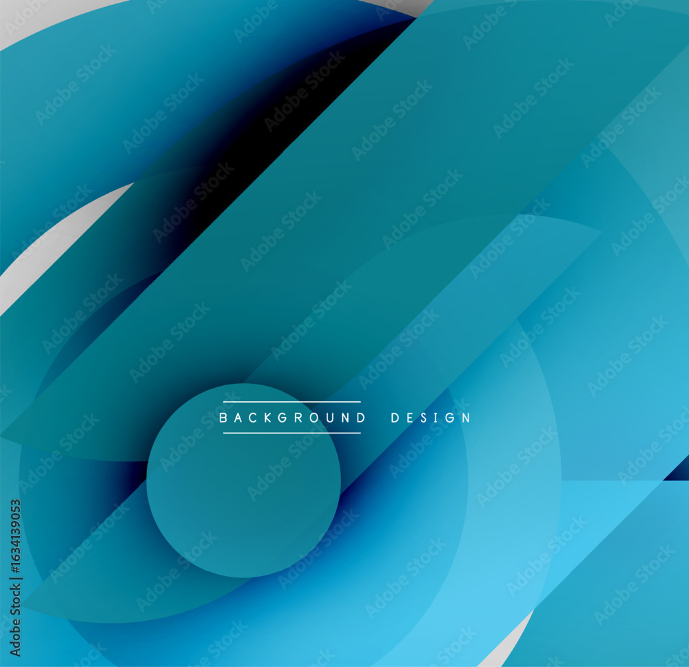 Poster abstract composition. overlapping shapes create dynamic visual effect. blue hues dominate, offering 