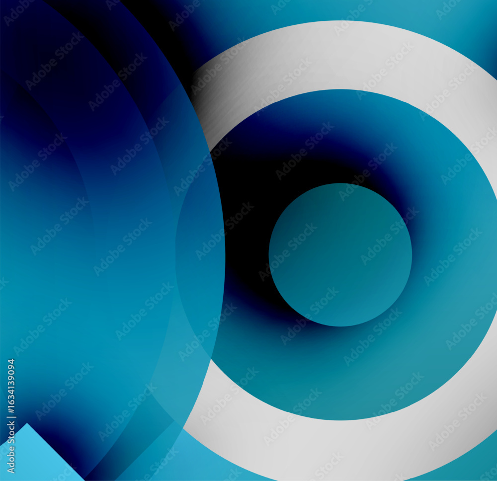Poster abstract composition featuring overlapping blue circles. gradient shades create depth, suggesting tu