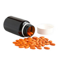 Orange oval pills spilled from a dark bottle with a white cap isolated on transparent background