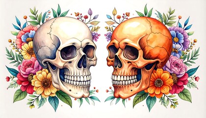 Two skulls adorned with colorful flowers