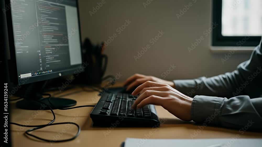 Poster person typing code on computer, hands on keyboard, monitor displaying code, soft lighting