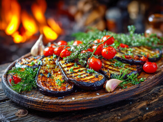 Grilled eggplant with cherry tomatoes and fresh herbs on rustic wooden serving board