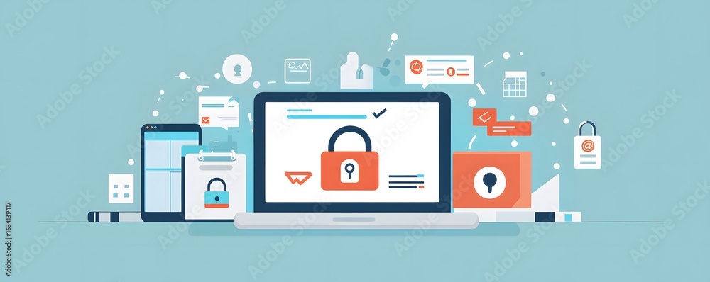 Poster a digital illustration depicting a secure online environment with devices showcasing locks and notif