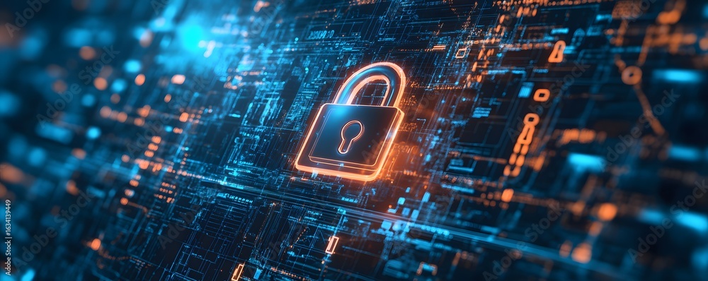 Poster a digital lock icon symbolizing cybersecurity and data protection amidst a vibrant array of blue and