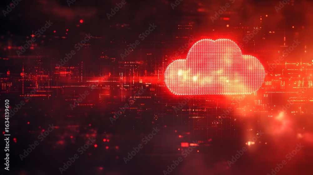 Poster a digital representation of a red cloud symbolizing cloud computing, surrounded by a network of glow