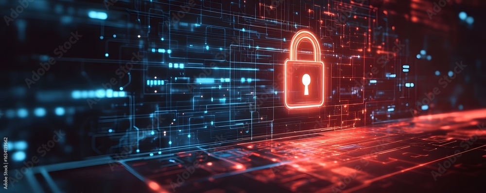 Poster a digital representation of cybersecurity with a glowing padlock symbol against a backdrop of binary