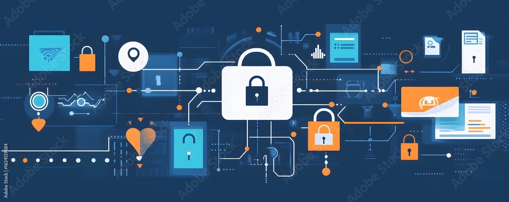 Poster a digital security concept showcasing locks, data connections, and icons representing online privacy